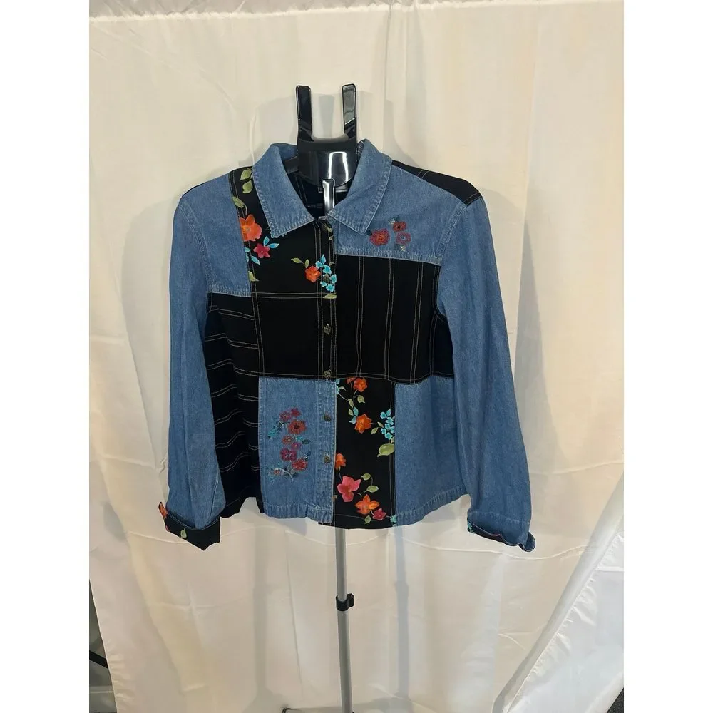 Napa Valley Shirt Womens L Vintage Patchwork Flowers Denim Blouse Button Up - Picture 1 of 4